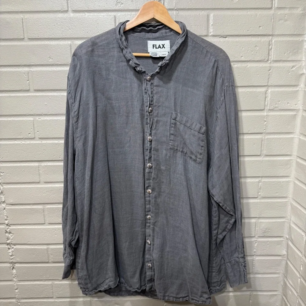 FLAX Linen Button Down Shirt Ruffle Collar Charcoal Gray Oversized L Lagenlook - Picture 4 of 11